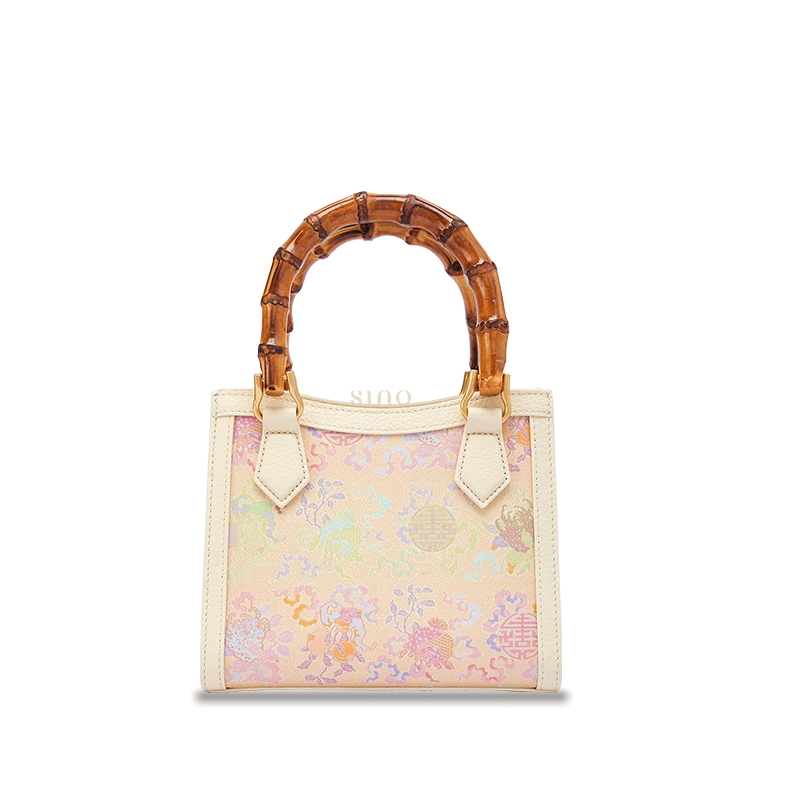 Song Brocade Fortune & Longevity Motif leather bamboo handle handbag featuring traditional Chinese textile patterns and handcrafted design.