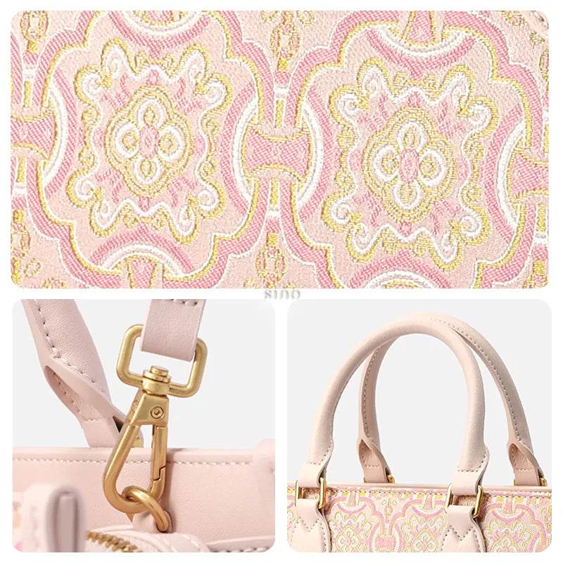 Song Brocade Leather Handbag – Pink & Gold DingSheng Motif - SinoCultural -- FJ120770