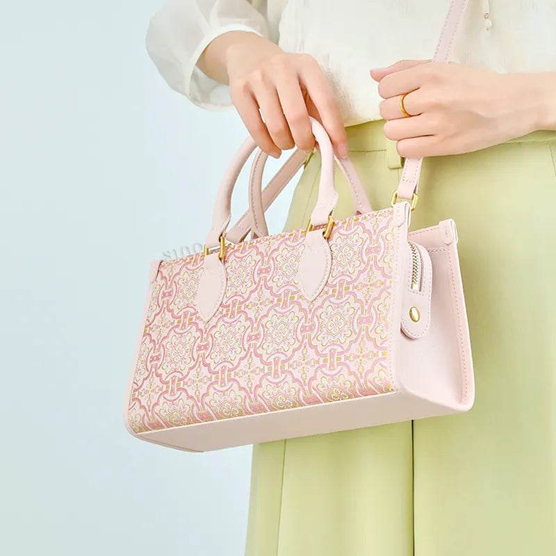 Song Brocade Leather Handbag – Pink & Gold DingSheng Motif - SinoCultural -- FJ120770