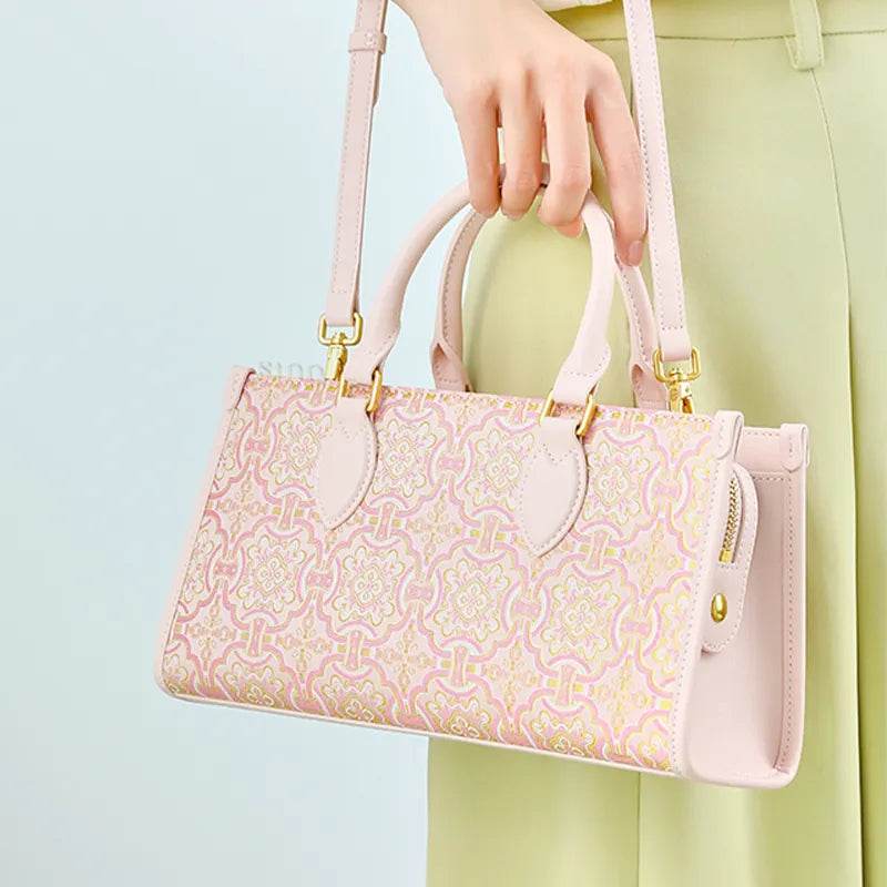 Song Brocade Leather Handbag – Pink & Gold DingSheng Motif - SinoCultural -- FJ120770
