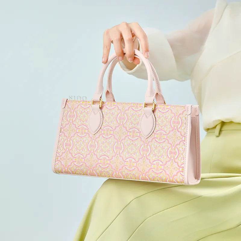 Song Brocade Leather Handbag – Pink & Gold DingSheng Motif - SinoCultural -- FJ120770