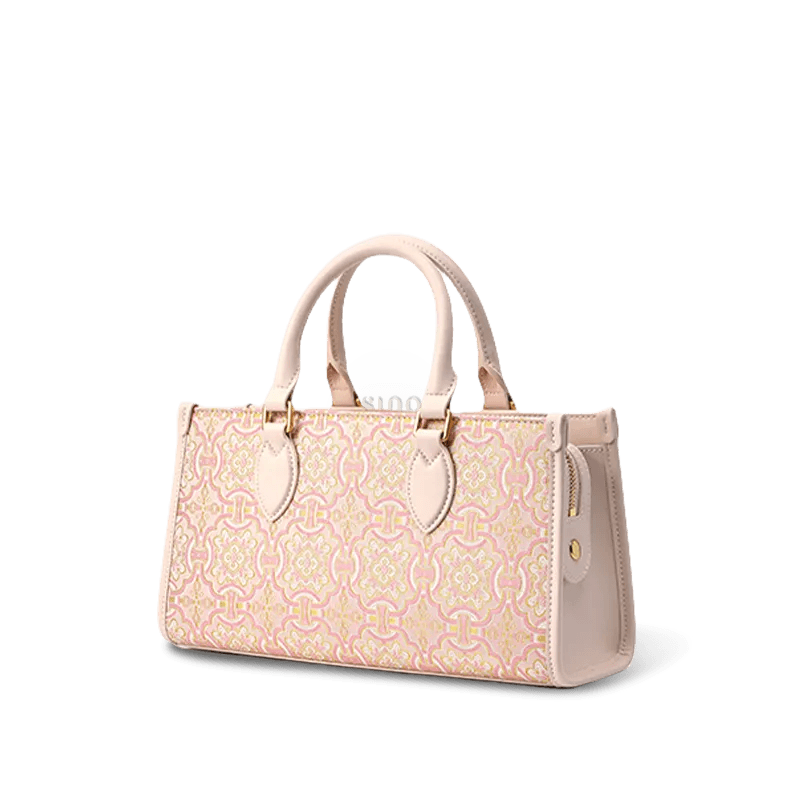Song Brocade Leather Handbag – Pink & Gold DingSheng Motif - SinoCultural -- FJ120770