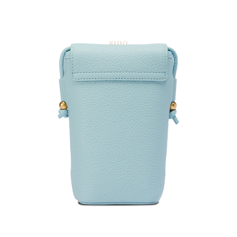 Light blue leather and Song Brocade phone bag for women, back view with clean structured finish.