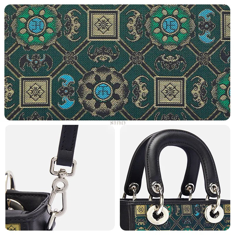 Close-up details of Song Brocade Lotus and Auspicious motif, silver hardware, and black leather handles.