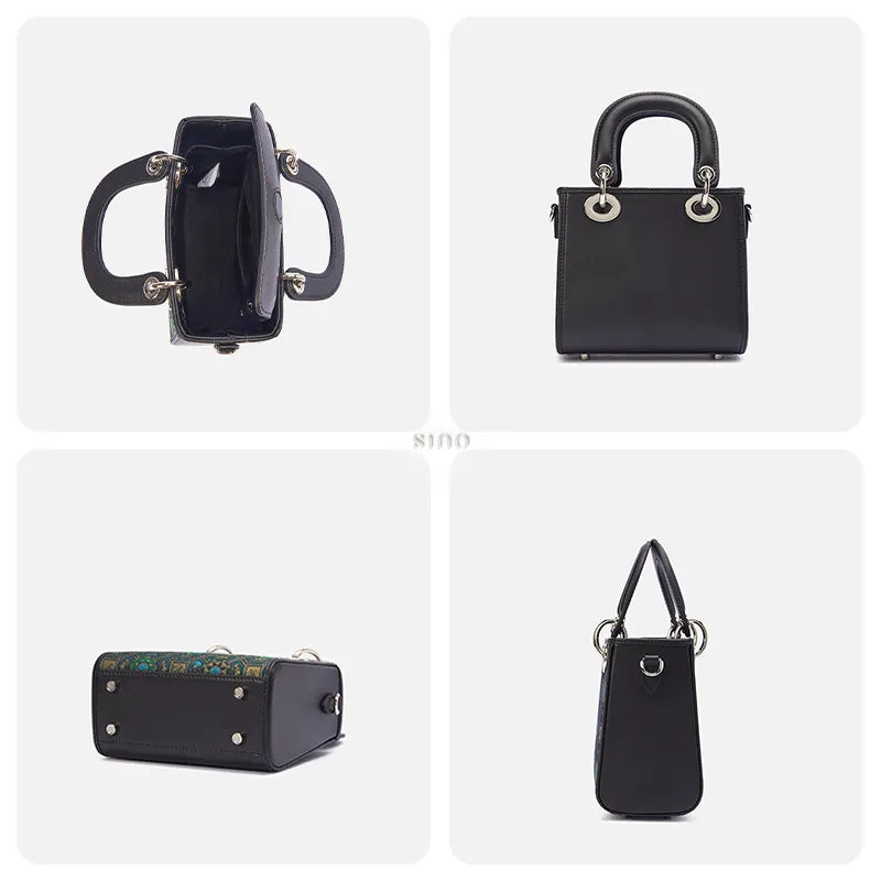 Interior, back, bottom, and side details of the Song Brocade Lotus and Auspicious mini handbag.