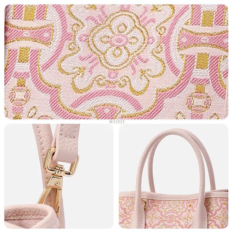 Song Brocade Pink DingSheng Motif Embroidery Leather Crossbody Bag - SinoCultural -- FJ110692