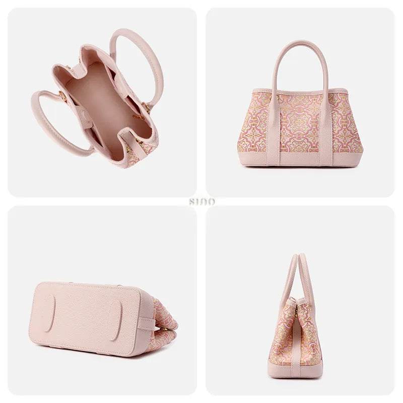 Song Brocade Pink DingSheng Motif Embroidery Leather Crossbody Bag - SinoCultural -- FJ110692