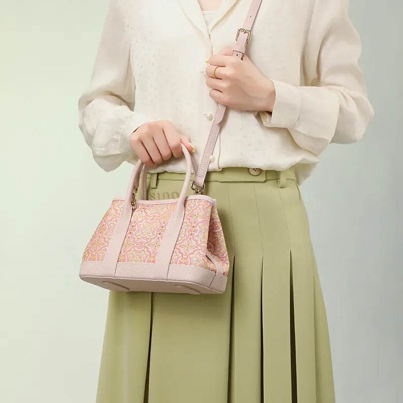 Song Brocade Pink DingSheng Motif Embroidery Leather Crossbody Bag - SinoCultural -- FJ110692