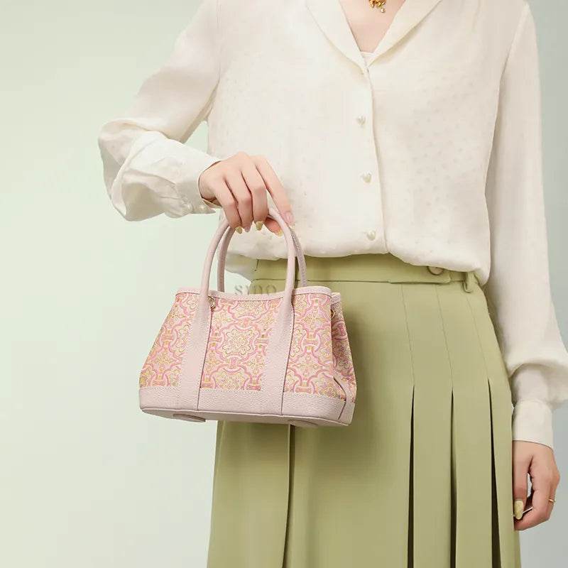 Song Brocade Pink DingSheng Motif Embroidery Leather Crossbody Bag - SinoCultural -- FJ110692