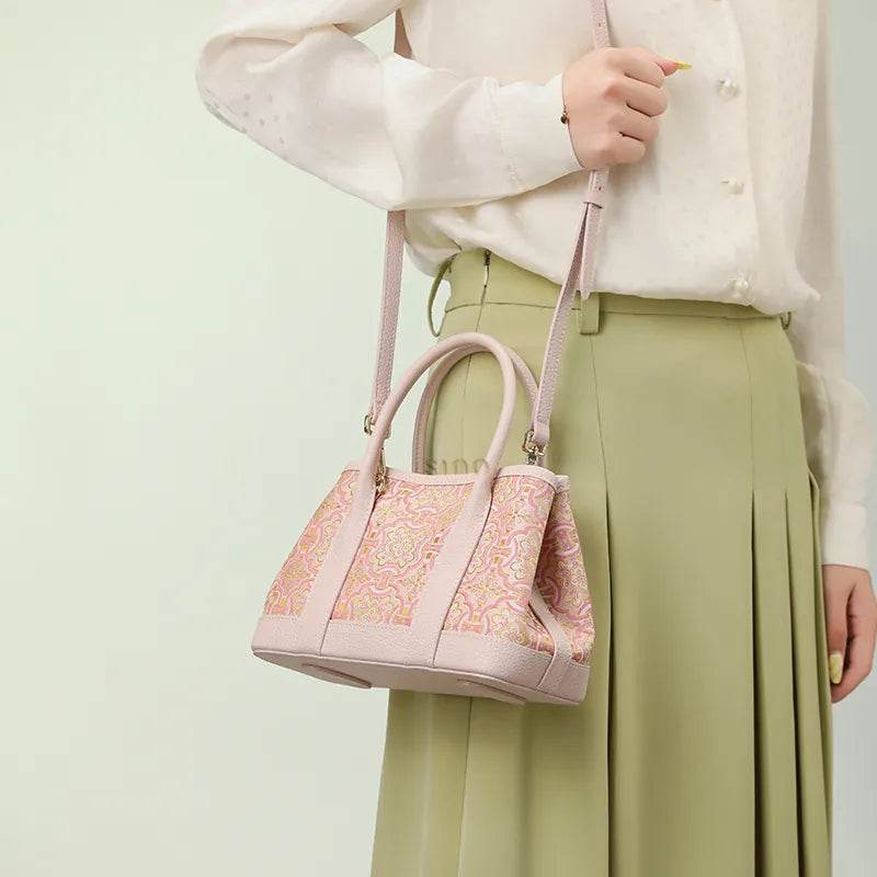 Song Brocade Pink DingSheng Motif Embroidery Leather Crossbody Bag - SinoCultural -- FJ110692