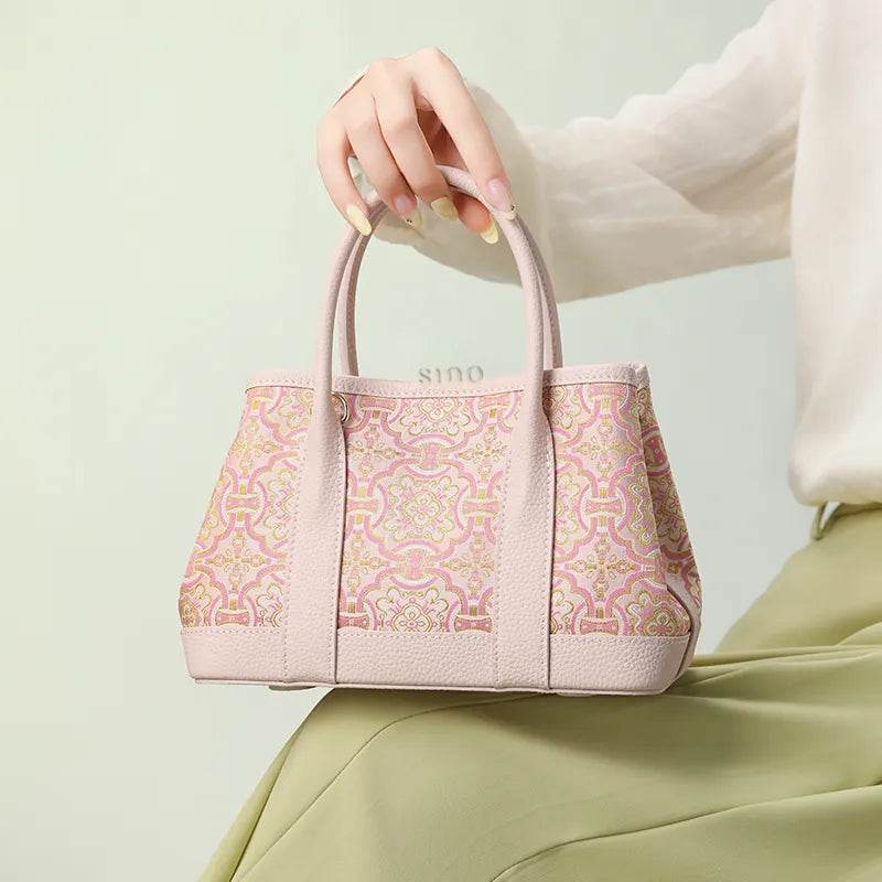 Song Brocade Pink DingSheng Motif Embroidery Leather Crossbody Bag - SinoCultural -- FJ110692