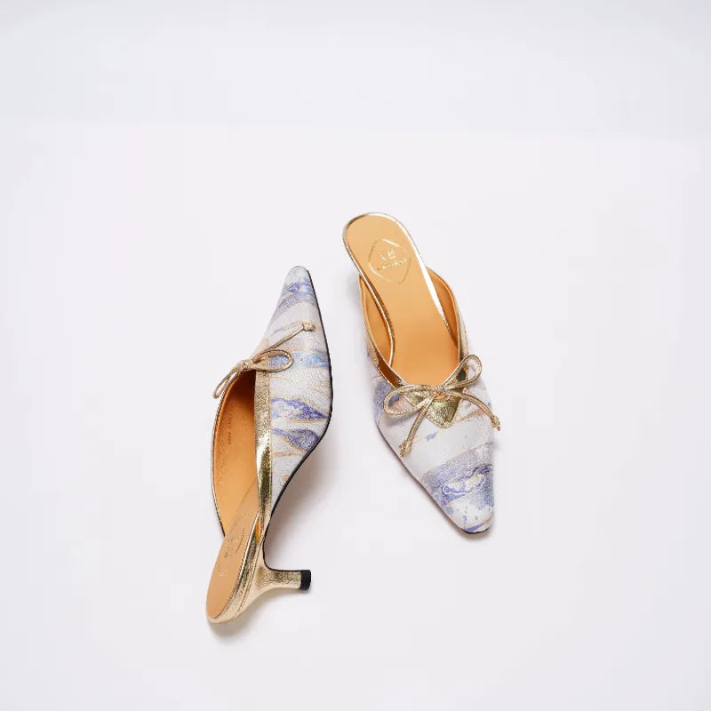 Top view of Song Brocade pointed toe mules showing elegant open-back silhouette and kitten heel.