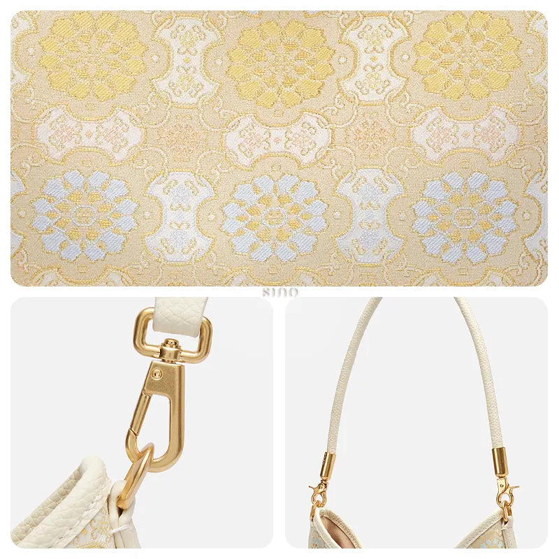 Close-up detail of the Song brocade Ruyi Victory pattern, gold-tone hardware, and shoulder strap on the Chinoiserie leather shoulder bag.