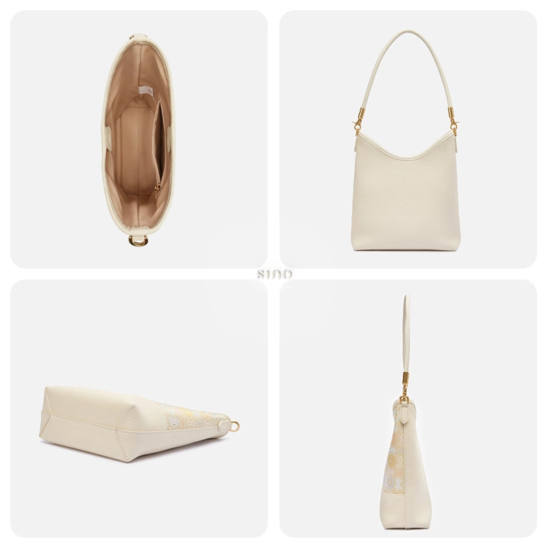 Interior, back, side, and base views of the Chinoiserie Luxury Song Brocade Ruyi Victory Leather Shoulder Bag.