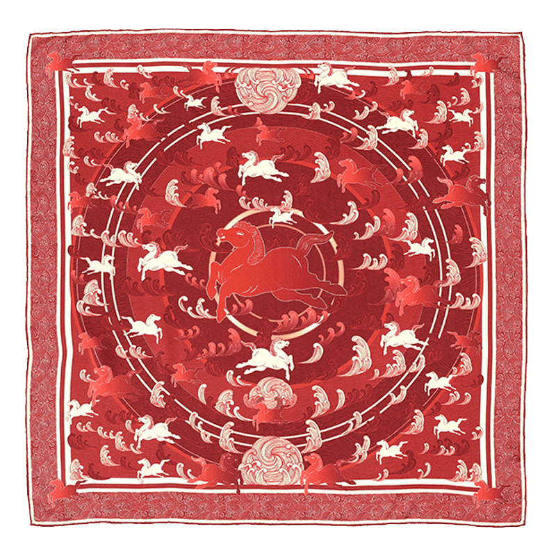 Steed Across the Tides Mulberry Silk Square Scarf 65cm in rich red with galloping horse and ocean wave motifs.