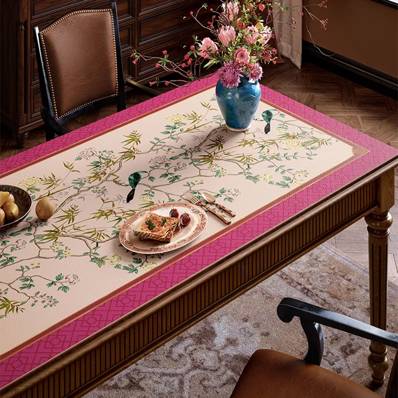 Right detail of pink floral bird table mat with dining set.