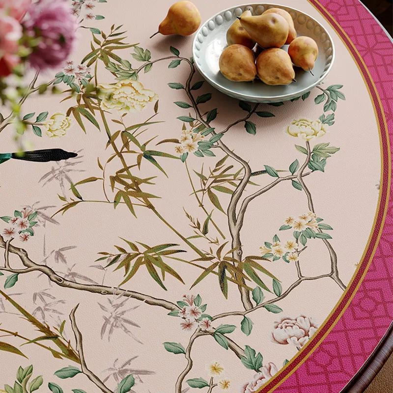 Close-up of pink chinoiserie floral bird pattern.