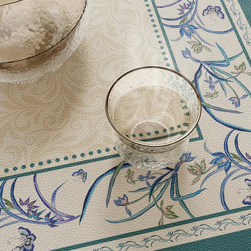 Summer blue leather nightstand mat with longevity motif.