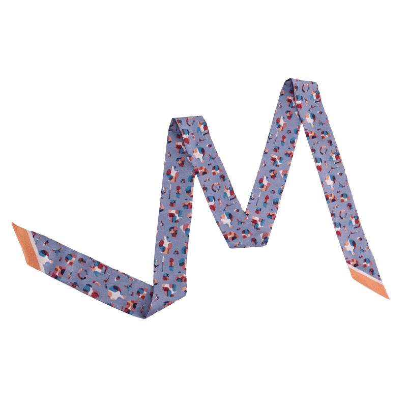 Blue Suzhou Museum Artifact Silhouette Print Mulberry Silk Twilly 150x4.5 cm with colorful relic motifs.
