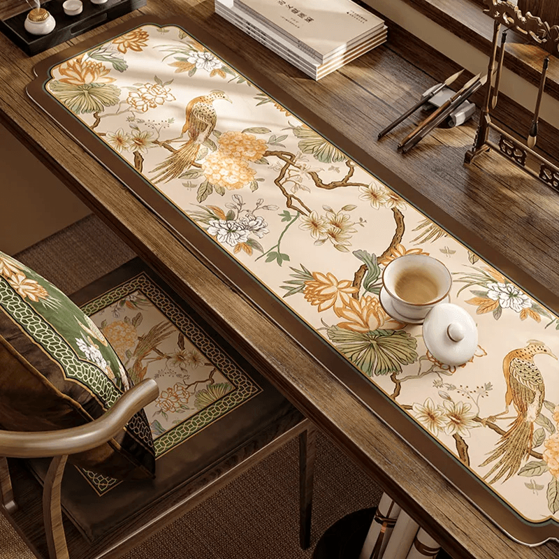 Chinoiserie Tea Table Runner Vintage Leather Mountain Hydrangea Mat - SinoCultural -- TM062C2550