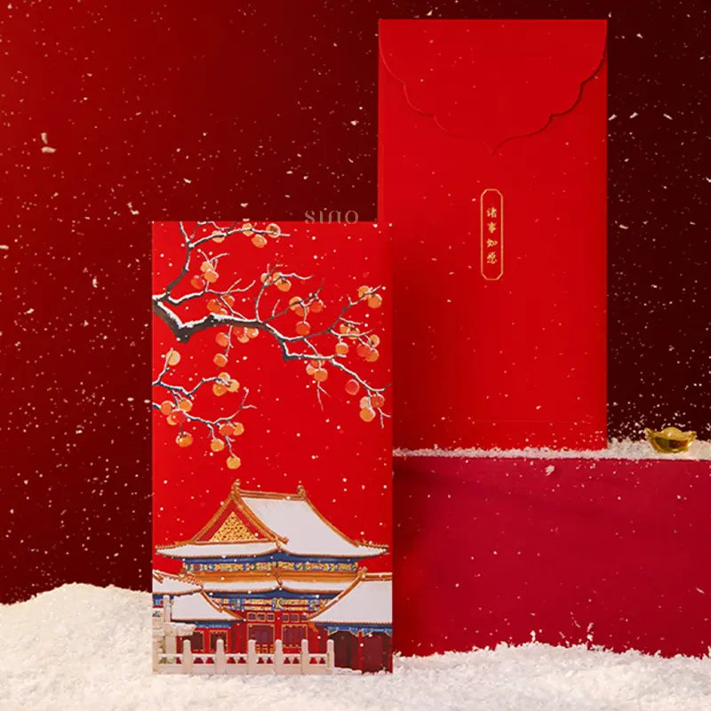 Red Chinese New Year hongbao featuring snow-covered persimmon branches and traditional palace architecture, with gold Chinese calligraphy on the back.