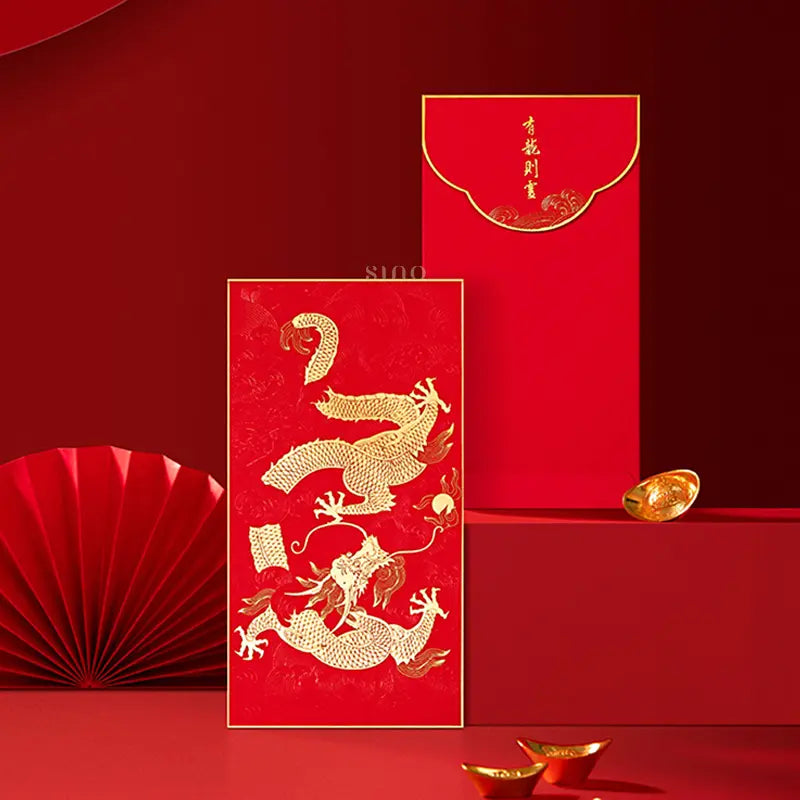 Traditional Chinese New Year red envelope featuring an intricate gold dragon design on a red background, with a matching envelope back and gold decorative accents.