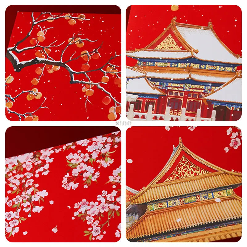 Close-up of traditional Chinese red envelopes featuring snowy persimmon branches, pink blossoms, and intricate Chinese palace architecture on a festive red background.