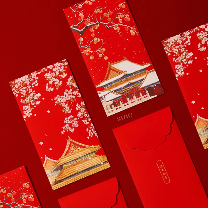Traditional Chinese red money envelopes arranged on a red background, displaying floral and palace illustrations alongside scalloped backs with gold blessings.