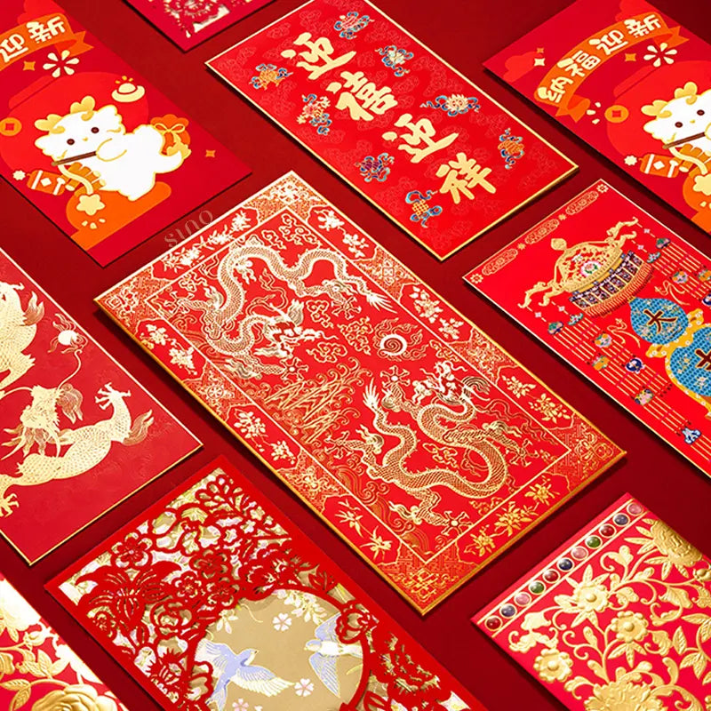 Collection of traditional Chinese New Year red packets featuring gold dragon motifs, floral patterns, auspicious Chinese characters, and colorful festive illustrations.