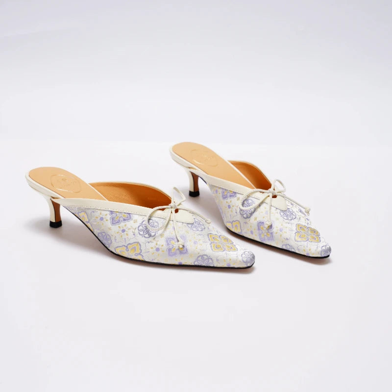 Traditional Chinese Shu Brocade kitten heel shoes with Ruyi Fortune inspired design.