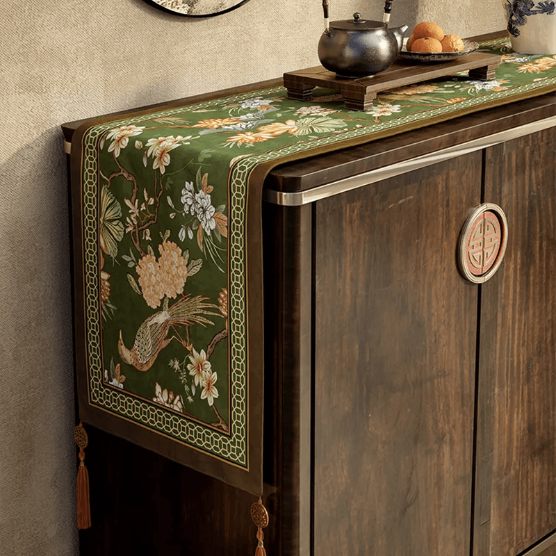 Chinoiserie Floral Table Runner - Cyanine Green Vintage Tea Party Decor - SinoCultural -- TRO30A160 -