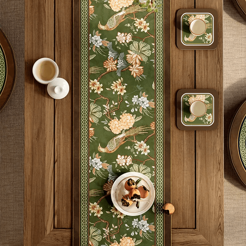 Chinoiserie Floral Table Runner - Cyanine Green Vintage Tea Party Decor - SinoCultural -- TRO30A160 -
