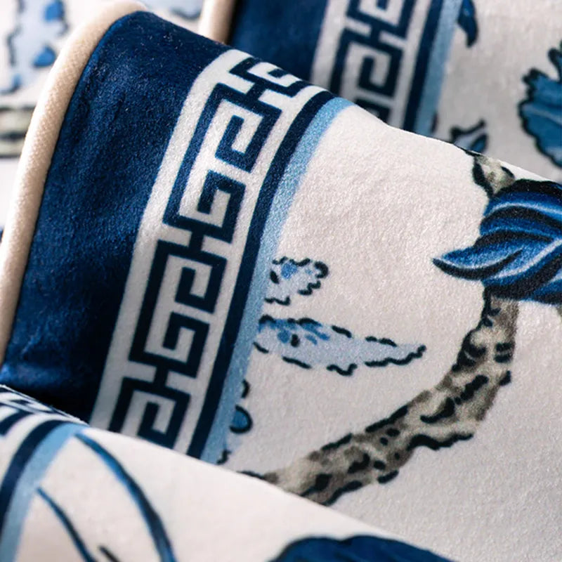Soft plush texture of blue and white tablecloth fabric.