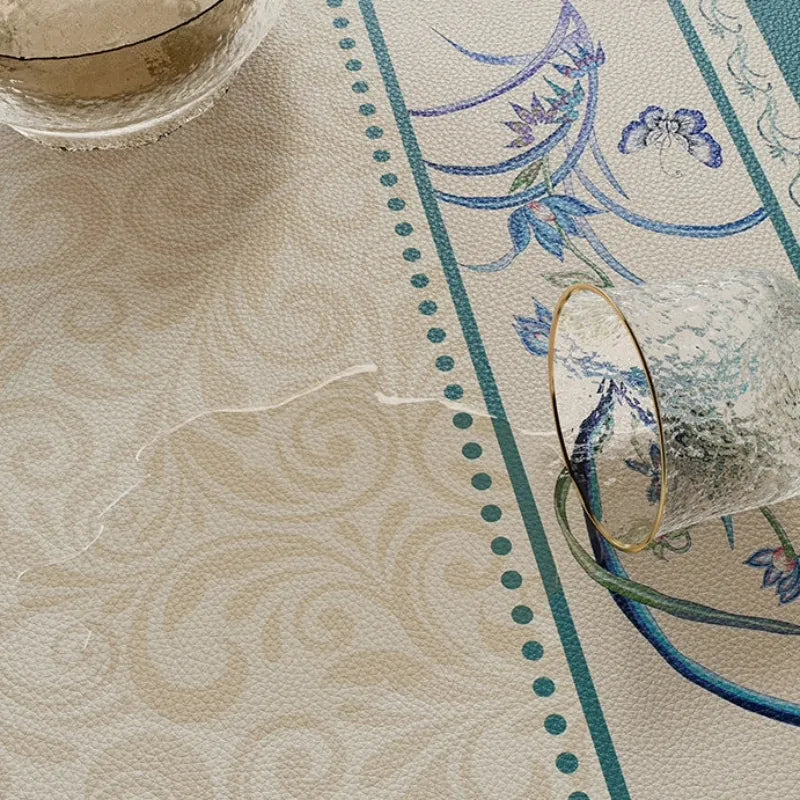Waterproof blue leather coffee table mat with easy-clean surface.