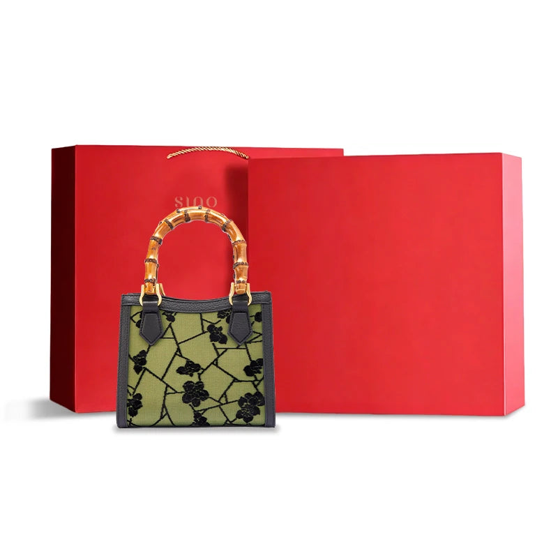 Zhangrong Silk Velvet Cracked Ice Plum Blossom bamboo handle handbag with elegant gift packaging for women and special occasions.
