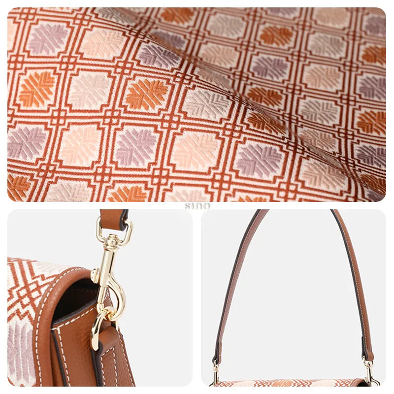 Close-up: Zhuang Brocade weave, hardware and leather strap details.
