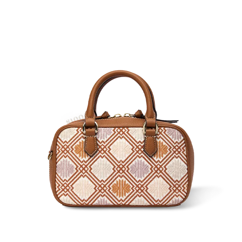 Brown chrysanthemum Zhuang brocade Boston bag with leather handles.