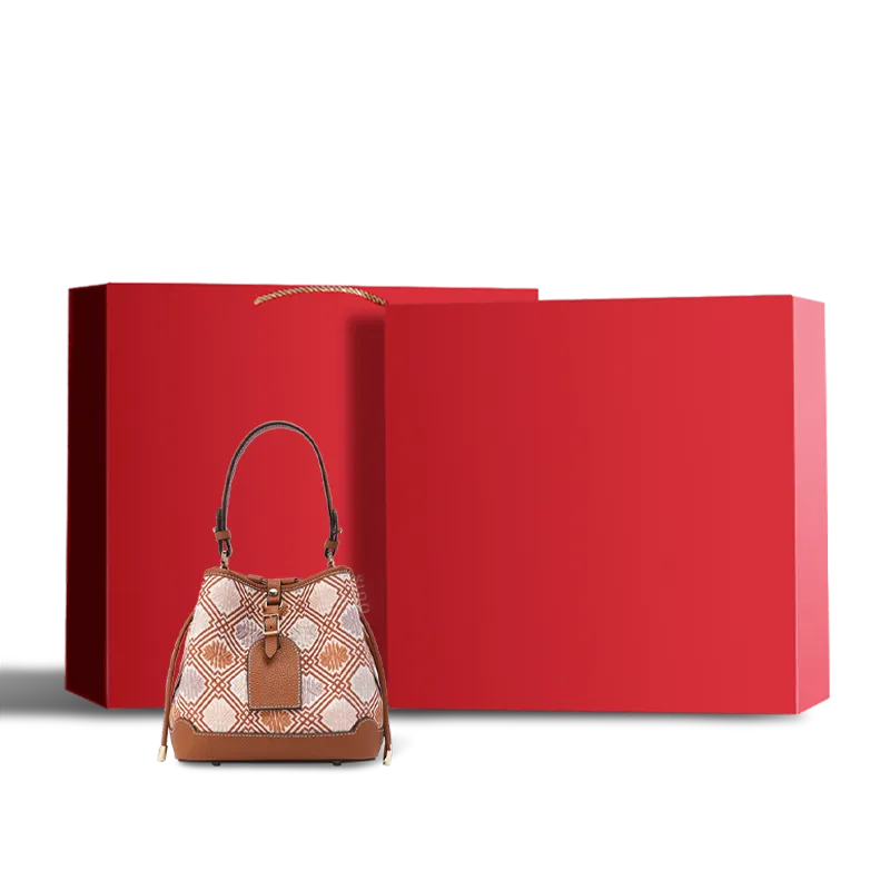 Red gift box for brocade bucket bag.