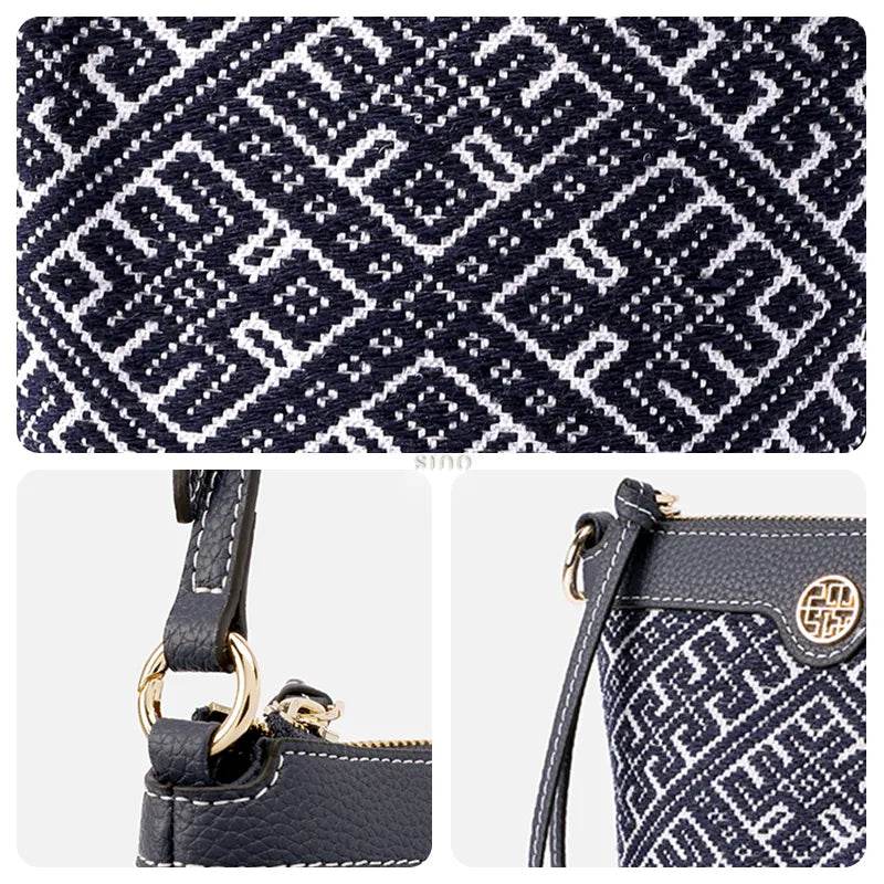 Zhuang Brocade Flying Swallow Motif Embroidered Leather Bucket Crossbody Bag - SinoCultural -- FJ210617