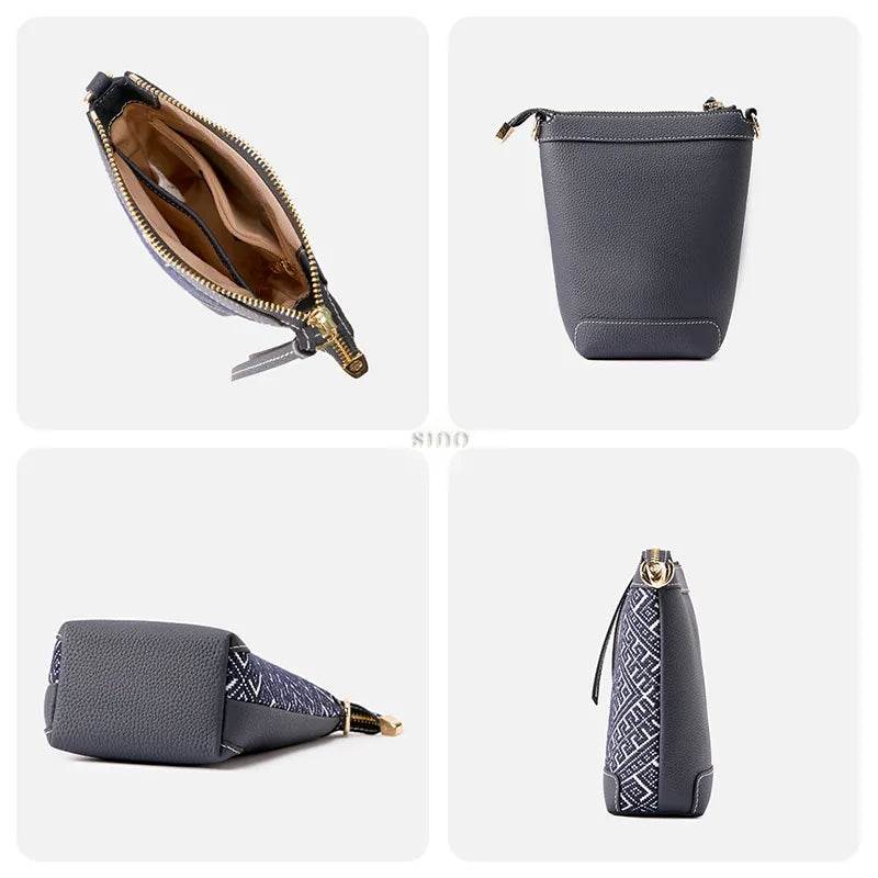 Zhuang Brocade Flying Swallow Motif Embroidered Leather Bucket Crossbody Bag - SinoCultural -- FJ210617