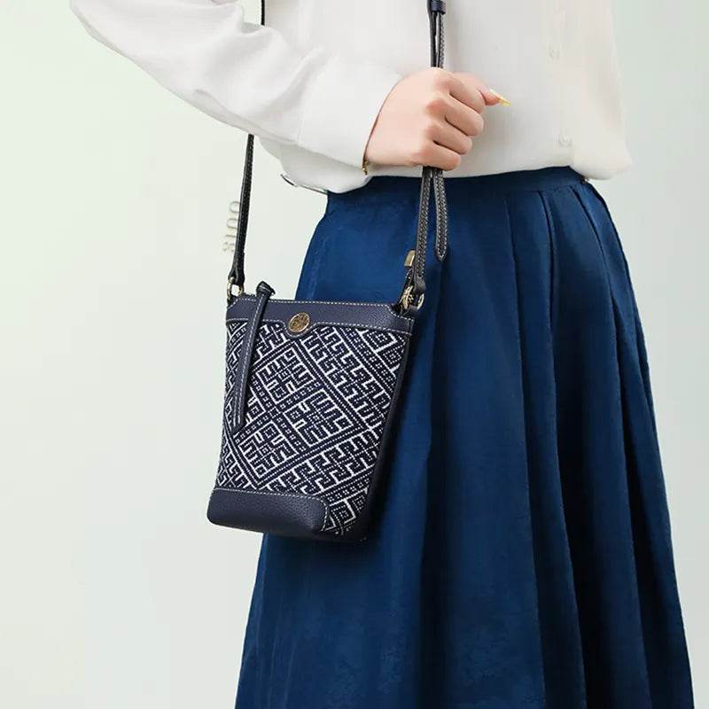 Zhuang Brocade Flying Swallow Motif Embroidered Leather Bucket Crossbody Bag - SinoCultural -- FJ210617