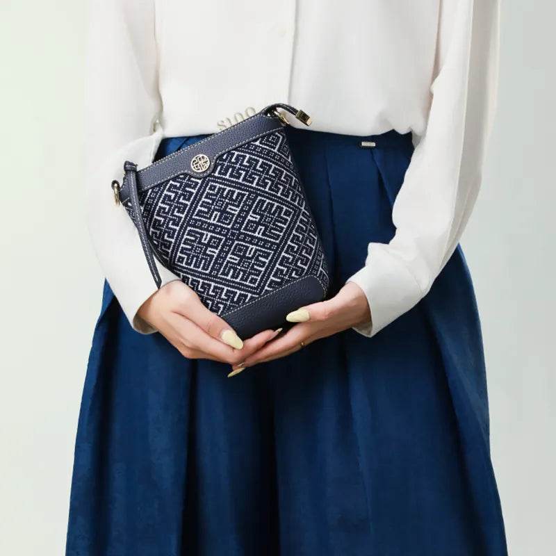 Zhuang Brocade Flying Swallow Motif Embroidered Leather Bucket Crossbody Bag - SinoCultural -- FJ210617