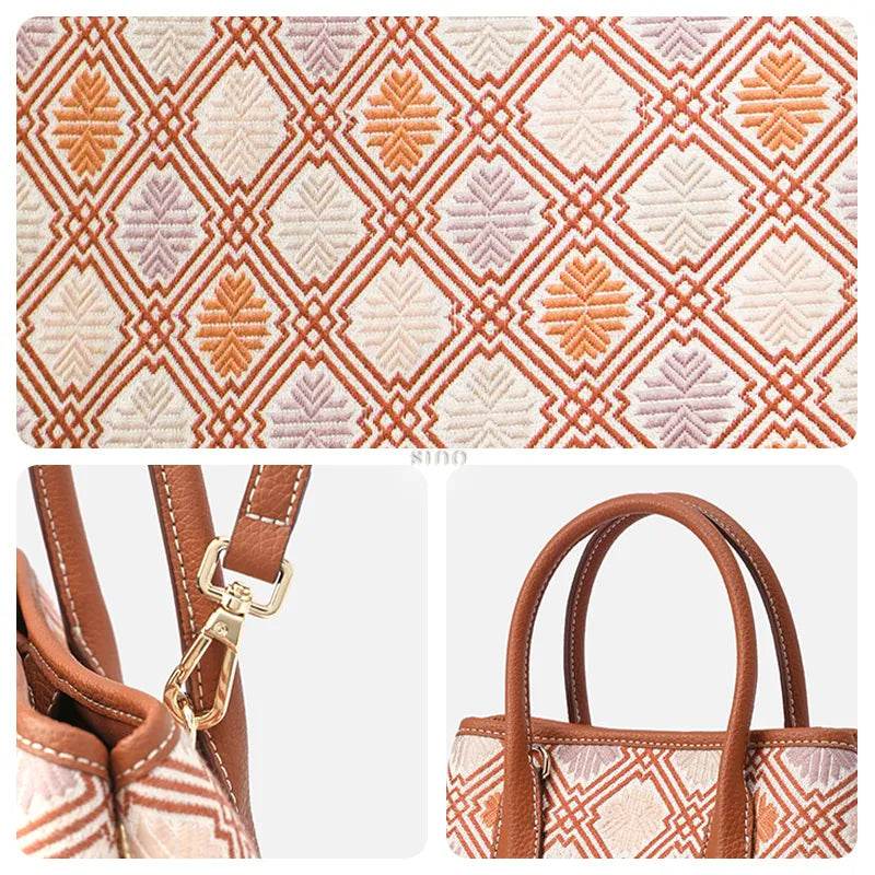 Zhuang Brocade Chrysanthemum Embroidered Leather Luxury Crossbody Bag - SinoCultural -- FJ110692-1