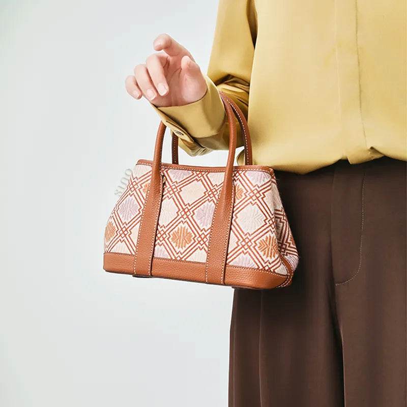 Zhuang Brocade Chrysanthemum Embroidered Leather Luxury Crossbody Bag - SinoCultural -- FJ110692-1