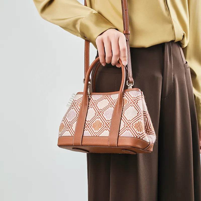 Zhuang Brocade Chrysanthemum Embroidered Leather Luxury Crossbody Bag - SinoCultural -- FJ110692-1