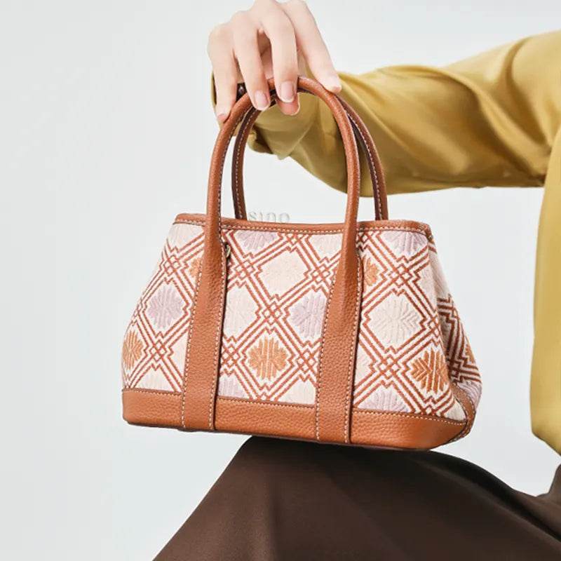 Zhuang Brocade Chrysanthemum Embroidered Leather Luxury Crossbody Bag - SinoCultural -- FJ110692-1