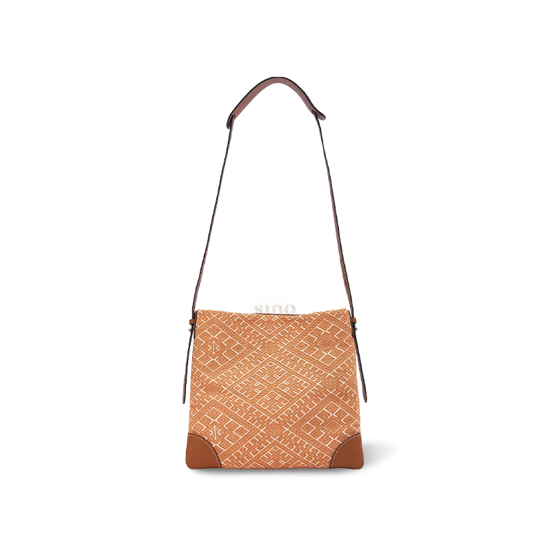 Front view of Zhuang Brocade Chrysanthemum Meander Motif Messenger Crossbody Bag on white background.