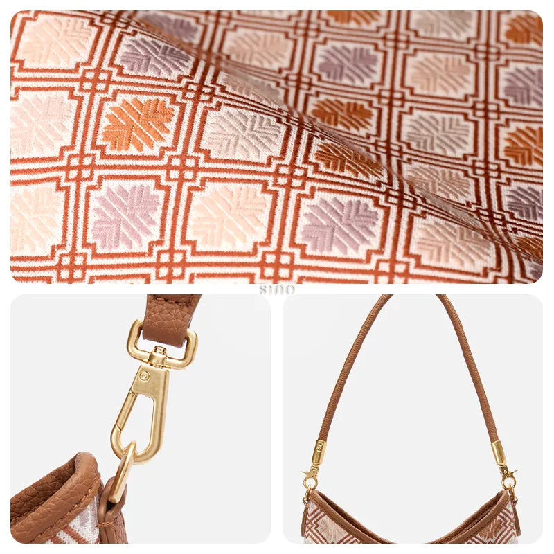 Close-up of the Chrysanthemum Meander Zhuang Brocade motif, woven geometric details, brown leather strap, and gold-tone hardware.