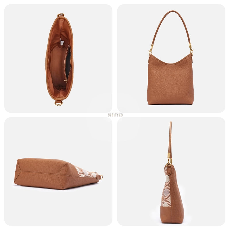 Interior, brown leather back, structured base, and side profile of the Chrysanthemum Meander shoulder bag.