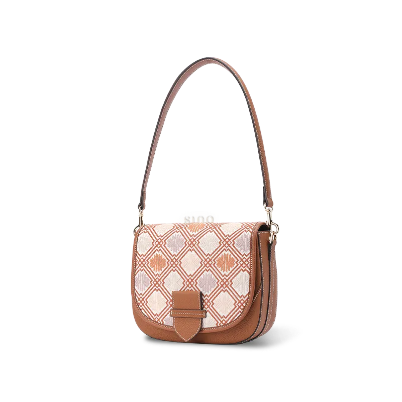 Side profile of luxury zhuang brocade messenger bag.
